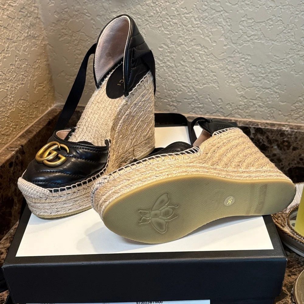 Gucci D’Orsay Black Leather Espadrille Wedge Sandals with Gold GG